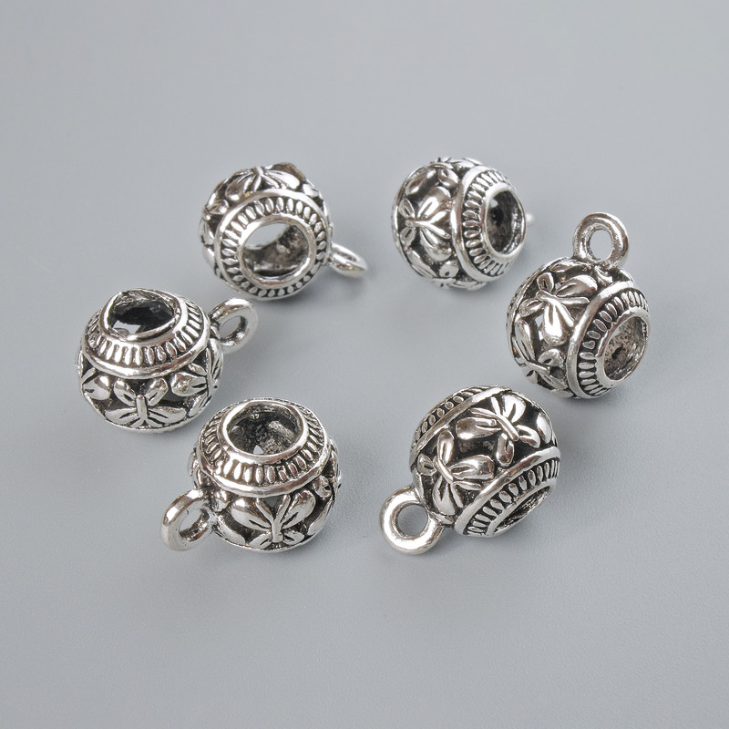 Bezel Bail Holder, diameter 9.5×10.5mm, hole diameter 2mm, length 15mm, pack 6 pcs, silver-colour metal