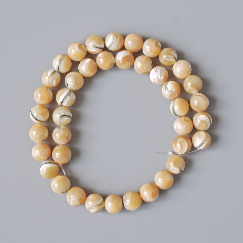 Beads Mother-of-P Pearl Beige Natural Smooth Sphere, diameter 10 mm, length 39 cm ± on thread