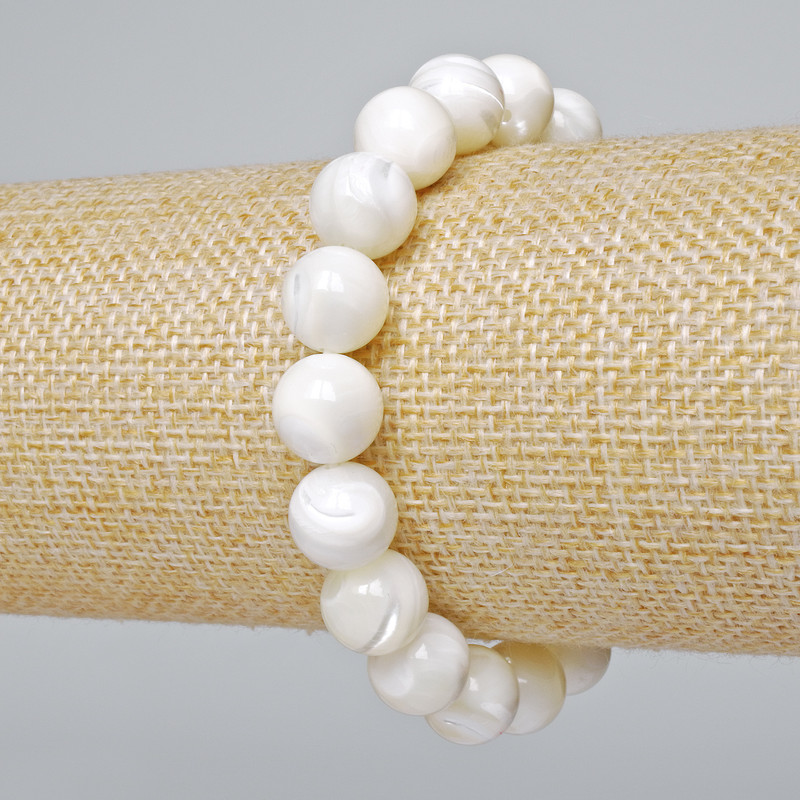 Bracelet Mother-of-Pearl natural smooth beads, diameter 10mm±, length 18cm± (stretch)