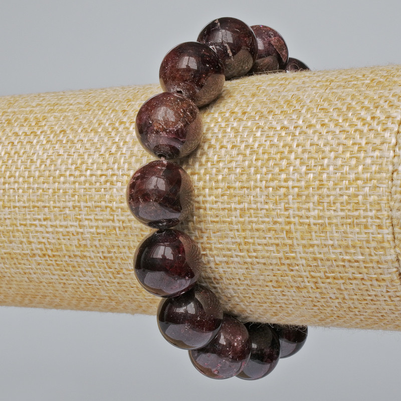 Bracelet Garnet natural stone smooth bead, diameter 13mm±, length 18cm± (stretch)