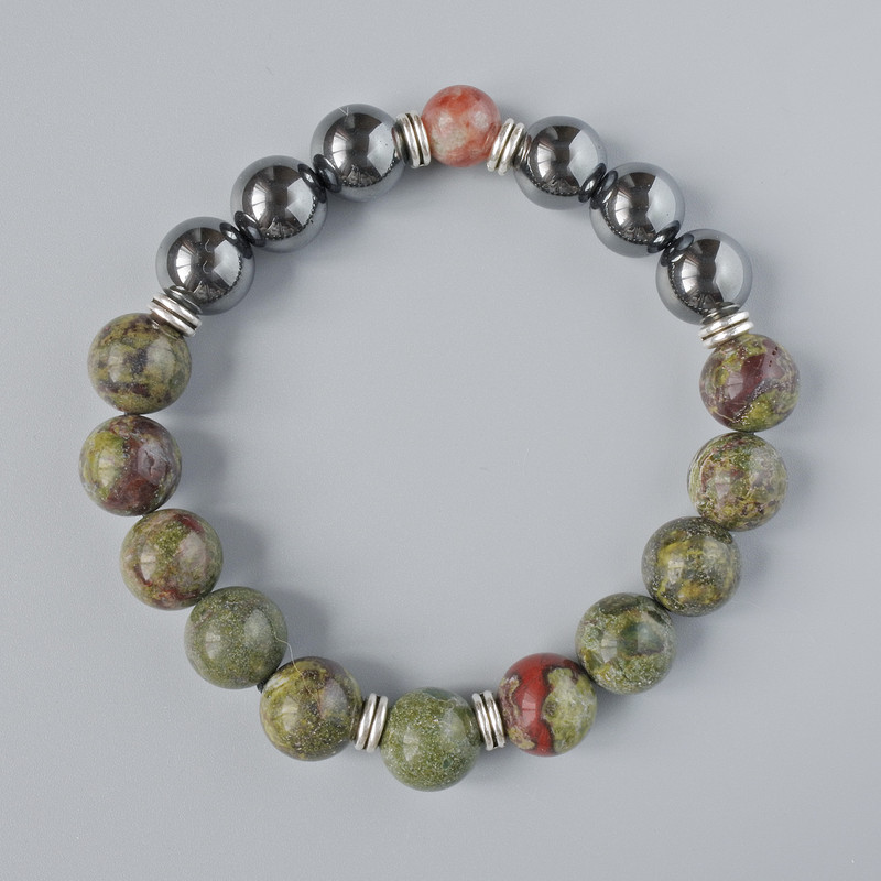 Jasper Bracelet Dragon's Blood Stone (Dragon's Blood) and Hematite Smooth Bead, 10.5mm diameter ±, length 18-20cm ± (stretch) with metal inserts