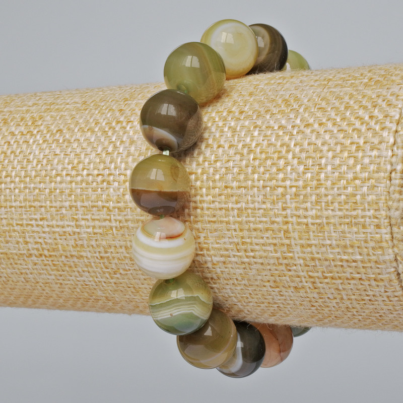 Bracelet Agate green natural stone smooth bead, diameter 12mm+-, length 18cm+- (stretch)