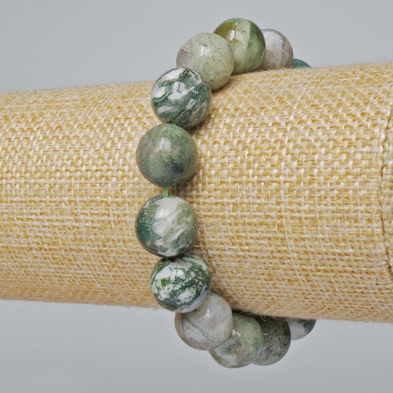 Bracelet Mossy Agate natural stone smooth bead, diameter 12mm±, length 18cm± (stretch)