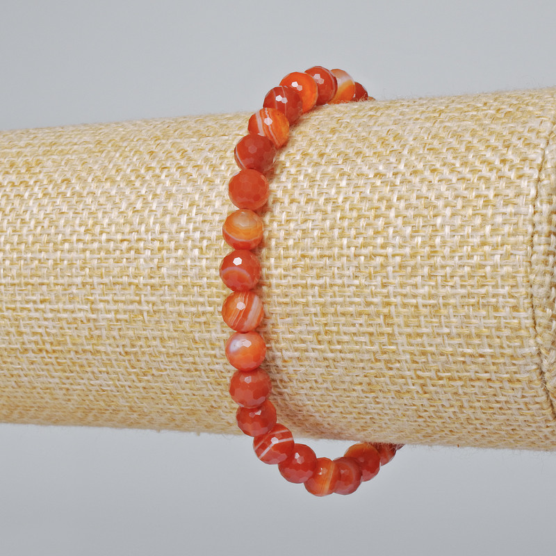 Carnelian Bracelet, natural gemstone, faceted sphere, 6 mm diameter ±, length 18 cm ± (stretch)