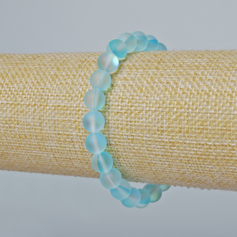 Opal Glass Bracelet with Smooth Round Bead, blue matte chameleon colour, diameter 8mm±, length 18cm± (stretch)