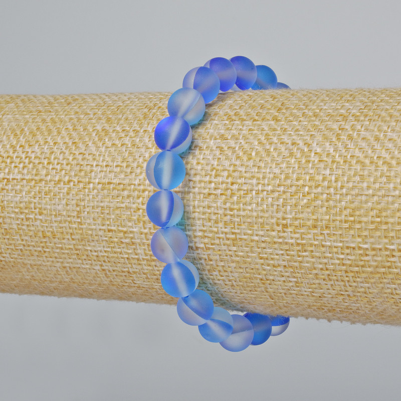 Bracelet Opal Glass Smooth Bead, blue matte chameleon colour, diameter 8mm±, length 18cm± (stretch)