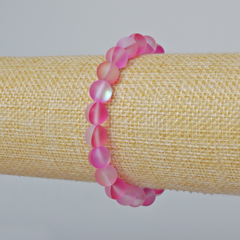 Bracelet Opal Glass Smooth Bead, Malina Pink Matte Chameleon colour, diameter 8mm±, length 18cm± (stretch)