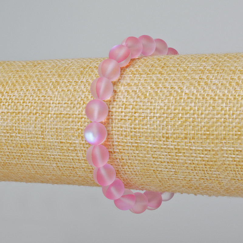 Opal glass bracelet smooth ball, pink matte chameleon color, diameter 8mm±, length 18cm± (stretch)