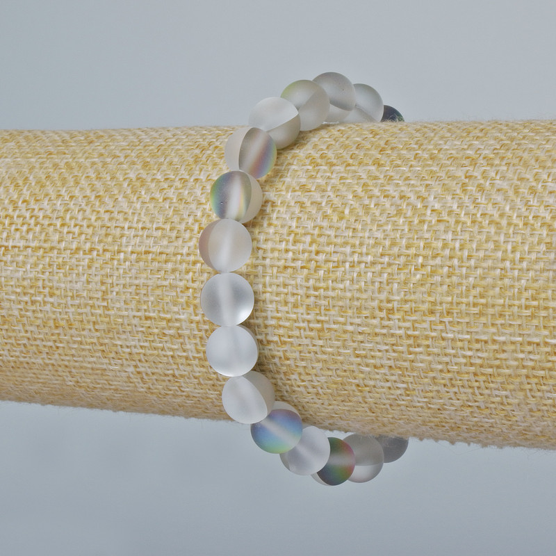 Opal Glass Bead Bracelet, smooth round beads, light grey matte color, 8mm diameter, length 18cm, stretch