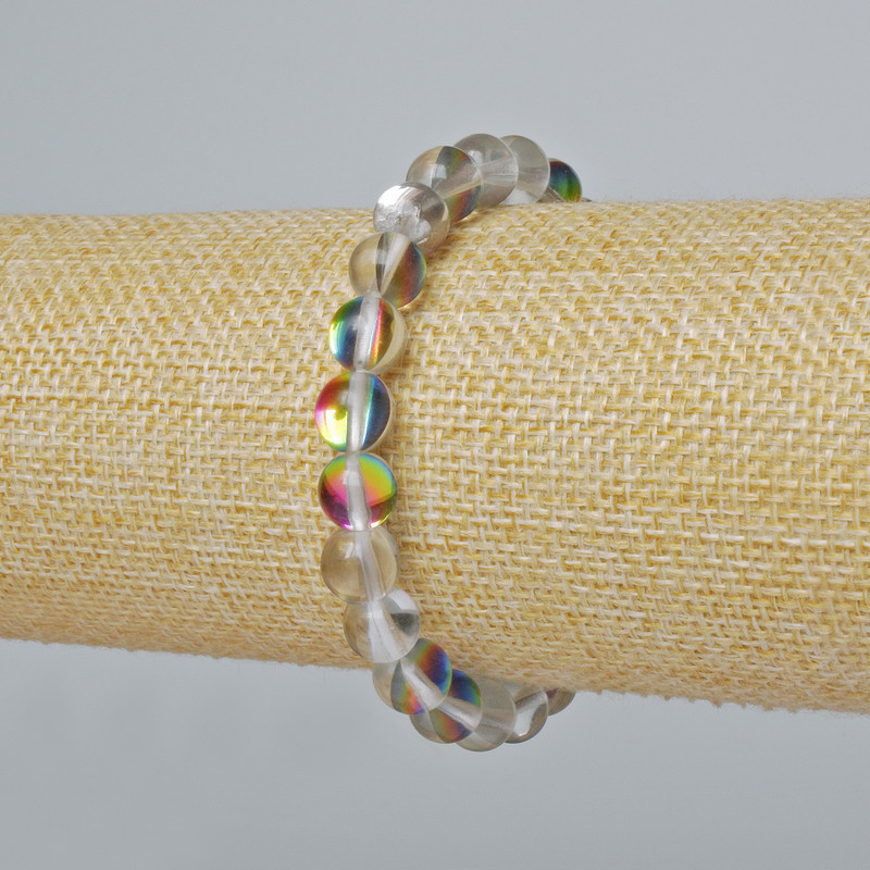 Bracelet Opal glass smooth bead, white transparent chameleon colour, diameter 8mm±, length 18cm± (stretch)