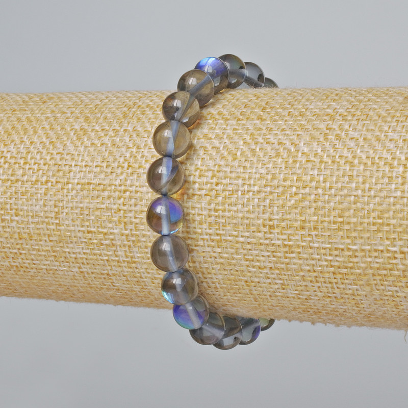Opaline Glass Bracelet, smooth round beads, grey transparent chameleon colour, 8mm diameter +/-, length 18cm +/- (stretch)