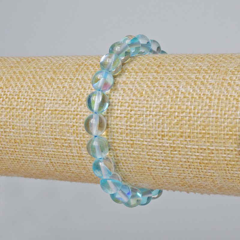 Opal Glass Bracelet, smooth blue transparent chameleon colour beads, 8mm diameter ±, length 18cm ± (stretch)