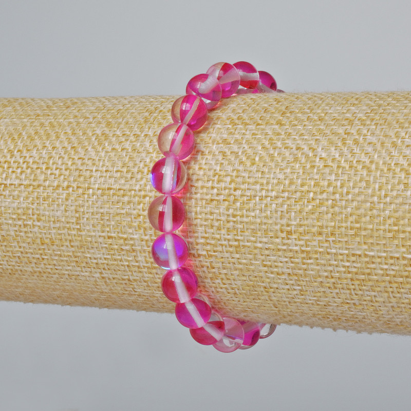 Opal glass bead bracelet, smooth sphere, raspberry transparent chameleon colour, diameter 8mm±, length 18cm± (stretch)