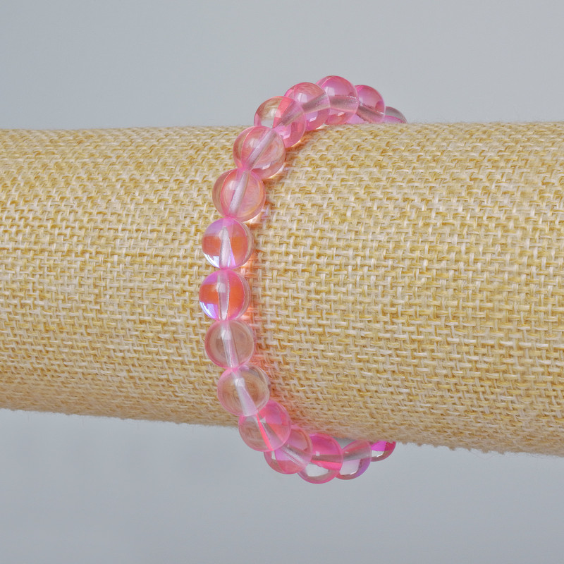 Opal Glass Bead Bracelet smooth ball, pink transparent chameleon colour, 8mm diameter±, length 18cm± (stretch)