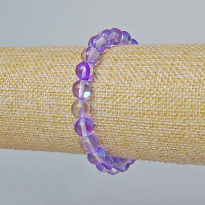 Opal glass bracelet, smooth round beads, lilac transparent chameleon colour, 8mm diameter ±, length 18cm ± (stretch)