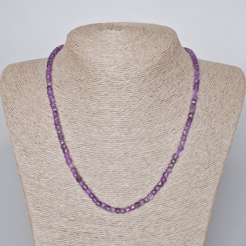 Amethyst Necklace—natural gemstone, faceted cube, diameter ~4 mm, length 45–48 cm