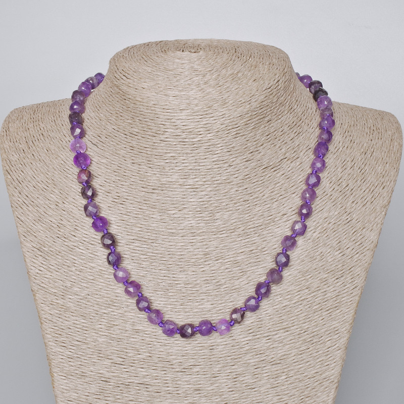 Amethyst Necklace with Natural Stone, Faceted Cubes, 7mm Diameter, 45-47cm Length