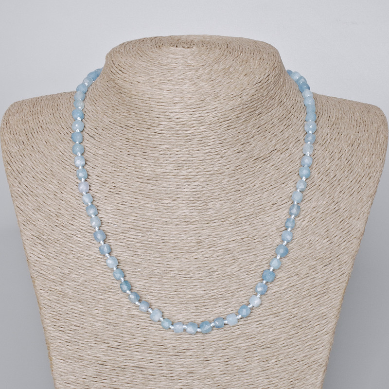 Necklace Aquamarine natural stone faceted cube, diameter 5.5mm±, length 48-50cm±