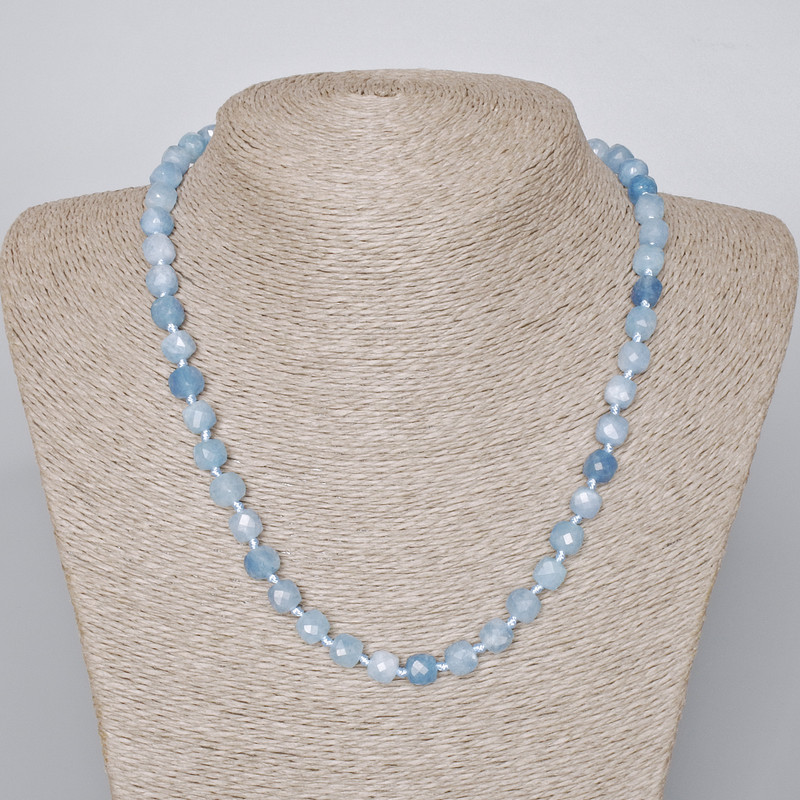 Aquamarine Necklace with Faceted Cubes, natural stone, 7.5mm diameter, length 48-50cm