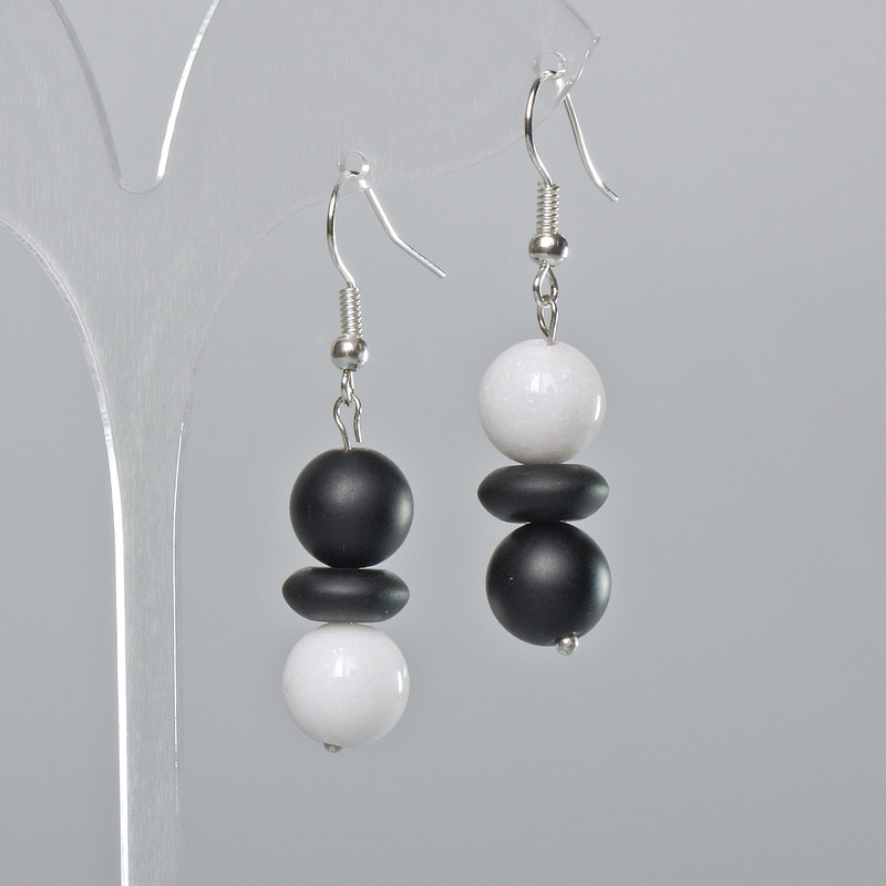 Shungite and White Agate (Imitation) Earrings, Smooth Round & Rondelle, Diameter 10mm+/-, Length 45mm+