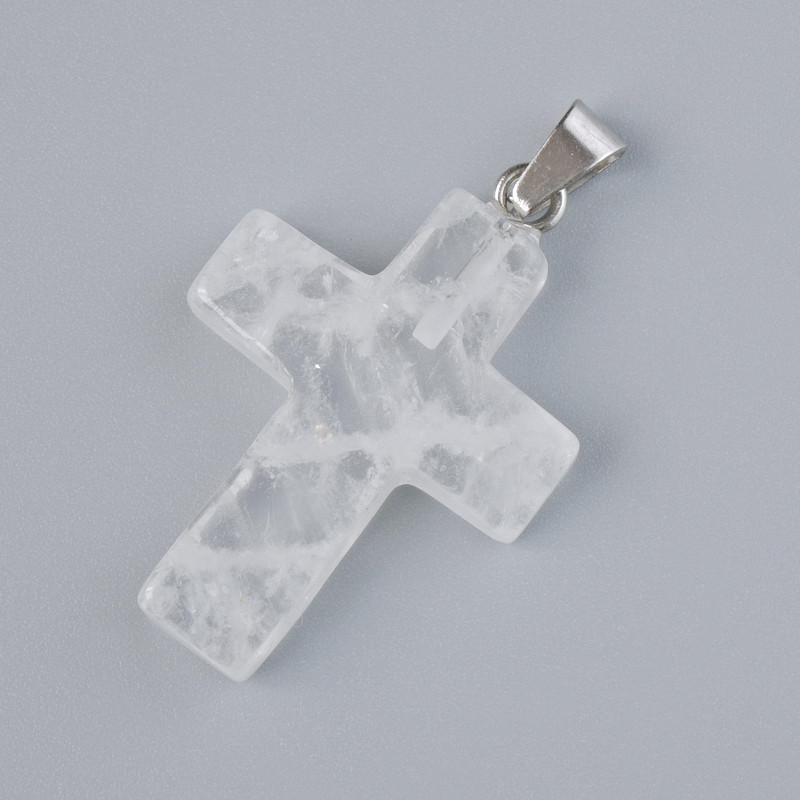 Pendant "Cross" Rock Crystal natural stone, diameter 25x18mm+-, length 34mm+