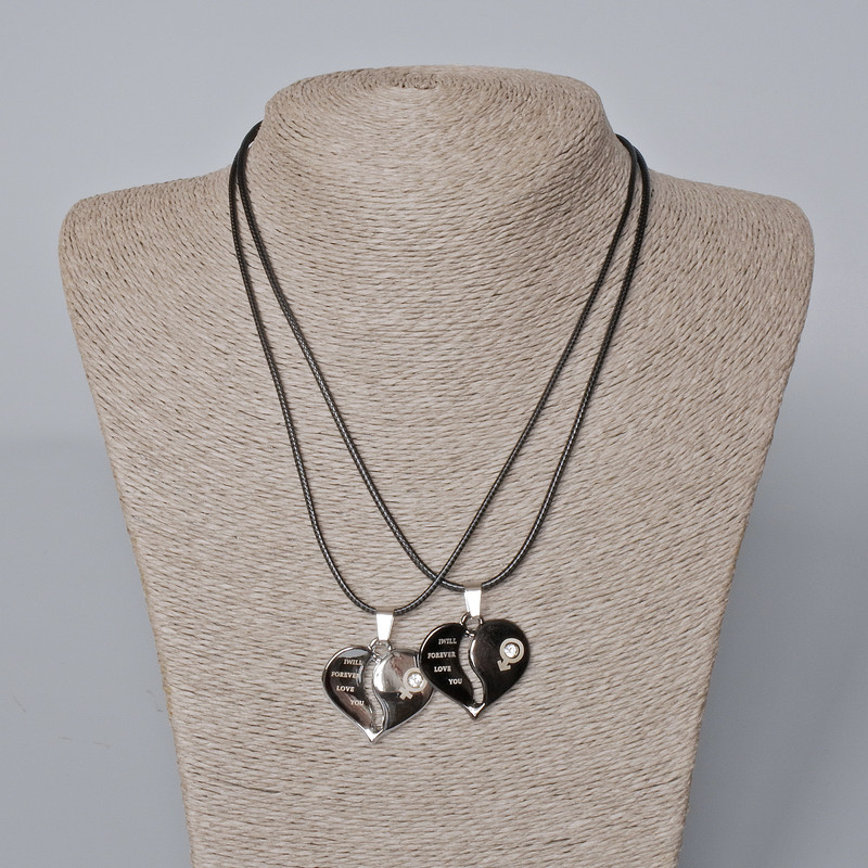 Matching "Heart" Pendants, black enamel, silver-tone metal and white crystal 27x28mm +/-, length 45-50cm+
