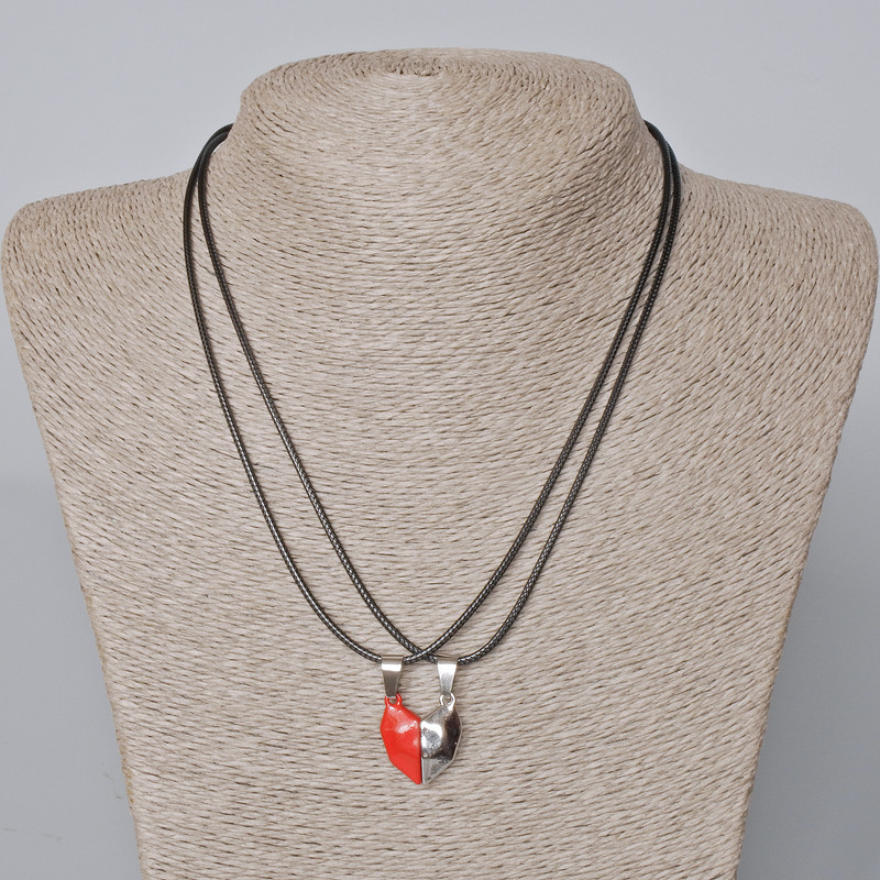 Matching "Heart" Magnetic Pendants, red enamel, silver-tone metal 20.5x17.5mm +/-, length 45-50cm+