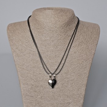 Matching "Heart" Magnetic Pendants, black enamel, silver-tone metal 22x17.5mm +/-, length 45-50cm+