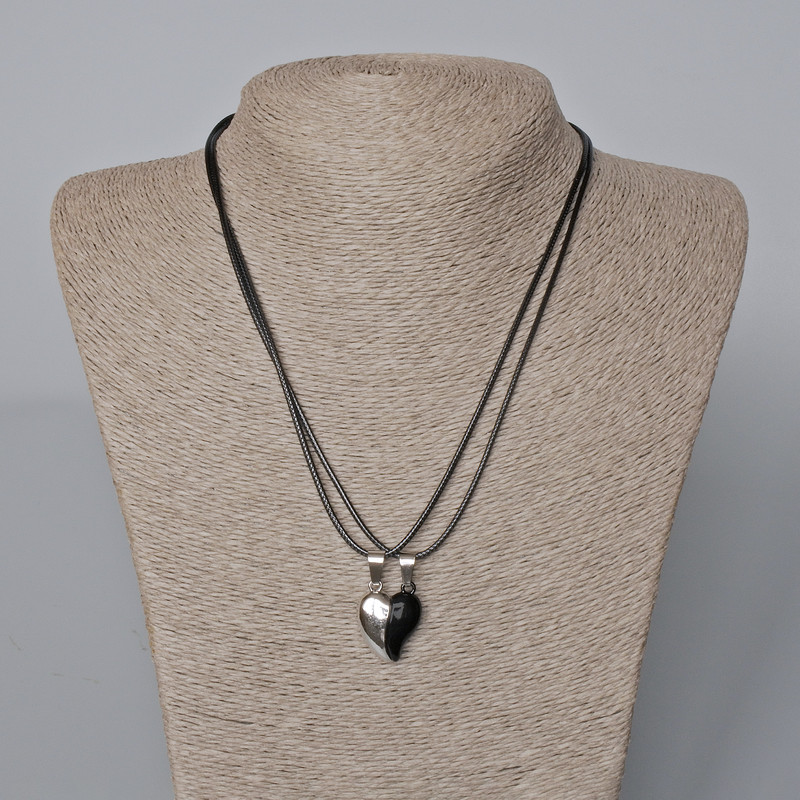 Matching "Heart" Magnetic Pendants, black enamel, silver-tone metal 22x17.5mm +/-, length 45-50cm+