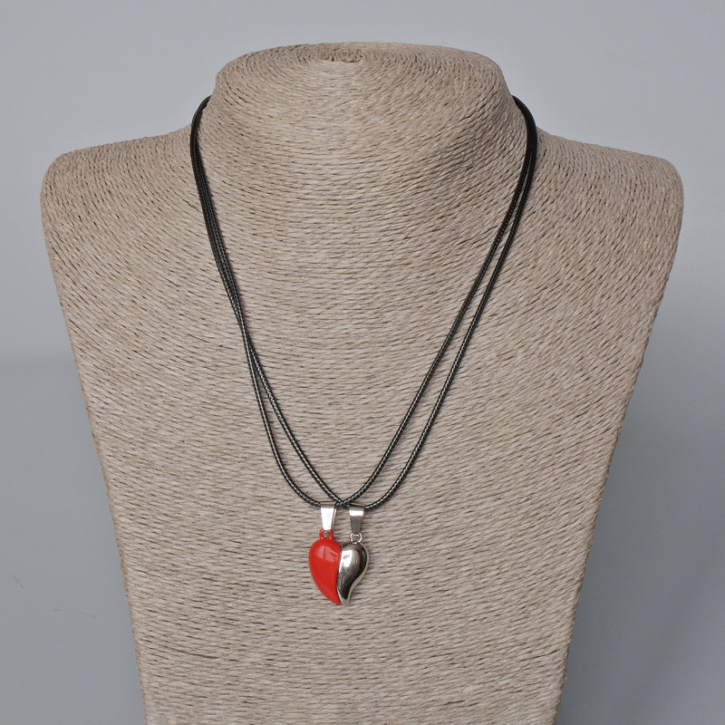 Matching "Heart" Magnetic Pendants, red enamel, silver-tone metal 22x17.5mm +/-, length 45-50cm+