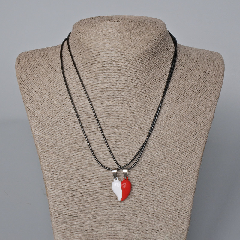 Matching "Heart" Magnetic Pendants, white and red enamel 22x17.5mm +/-, length 45-50cm+