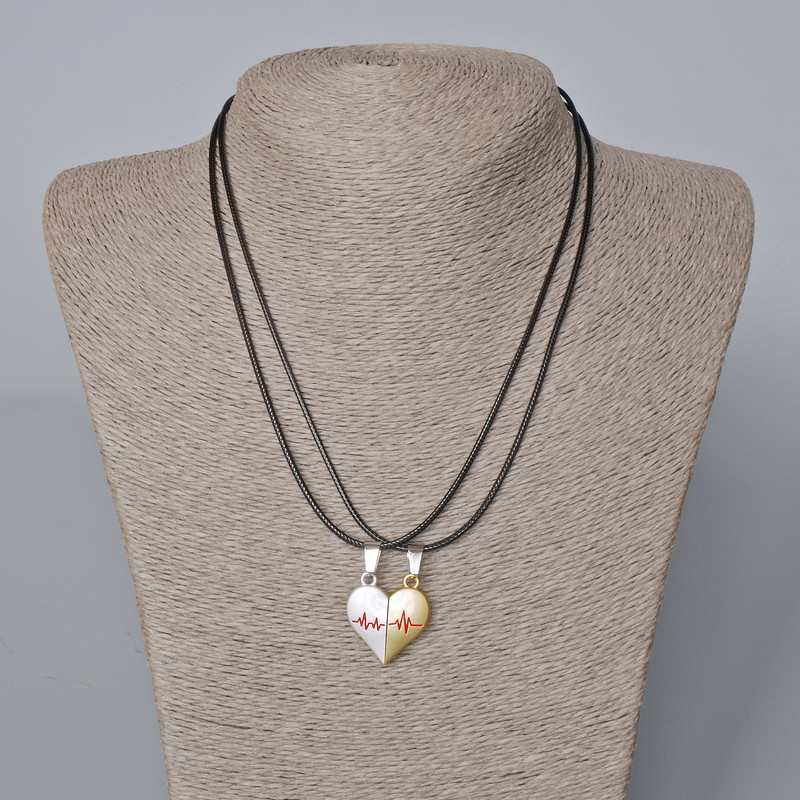Matching "Heart" Magnetic Pendants, white, red and gold enamel 24x22mm +/-, length 45-50cm+