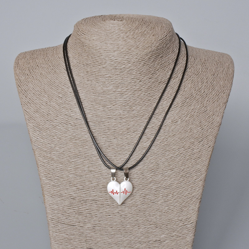 Matching "Heart" Magnetic Pendants, Red and White Enamel 24x22mm +/-, 45-50cm+ Chain