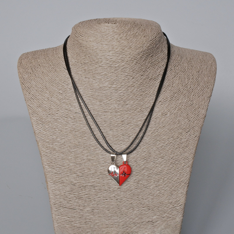 Matching "Heart" Magnetic Pendants, Red and Black Enamel, Silver-tone Metal 24x22mm +/-, 45-50cm+ Chain