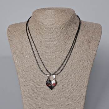Matching "Heart" Magnetic Pendants, Red and Black Enamel, Silver-tone Metal 24x22mm +/-, 45-50cm+ Chain