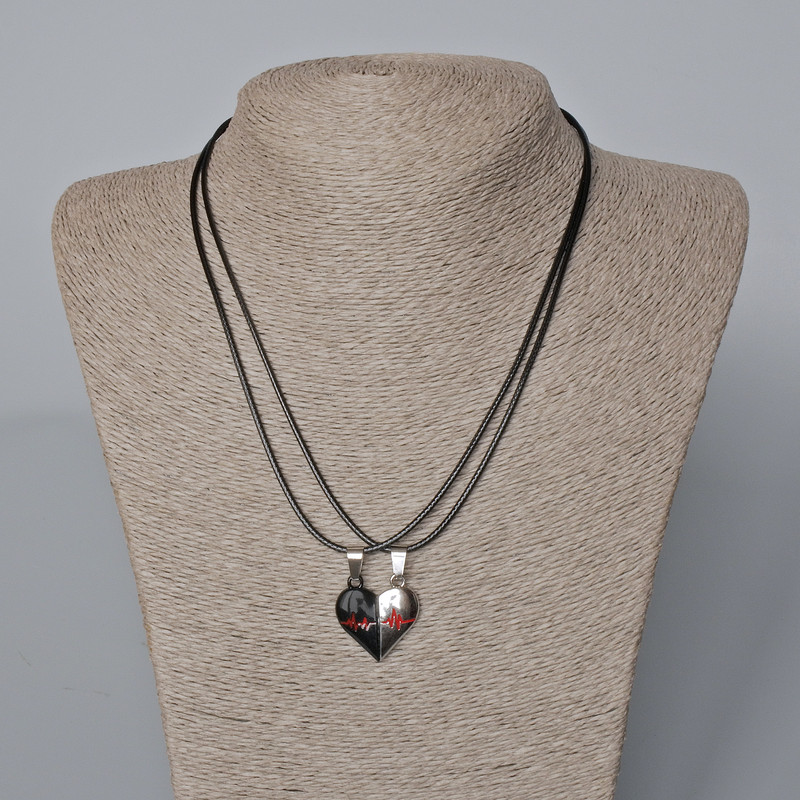 Matching "Heart" Magnetic Pendants, Red and Black Enamel, Silver-tone Metal 24x22mm +/-, 45-50cm+ Chain