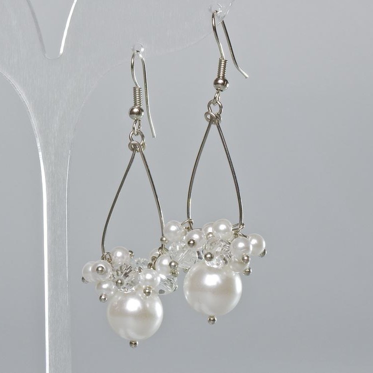 Earrings Czech Crystal and White Bead, diameter 11.5mm+/-, length 59mm+