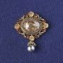 Accent Brooch-Pendant, Yellow Crystals and Rhinestones, Grey Bead, Gold-Tone Metal 48x39mm+