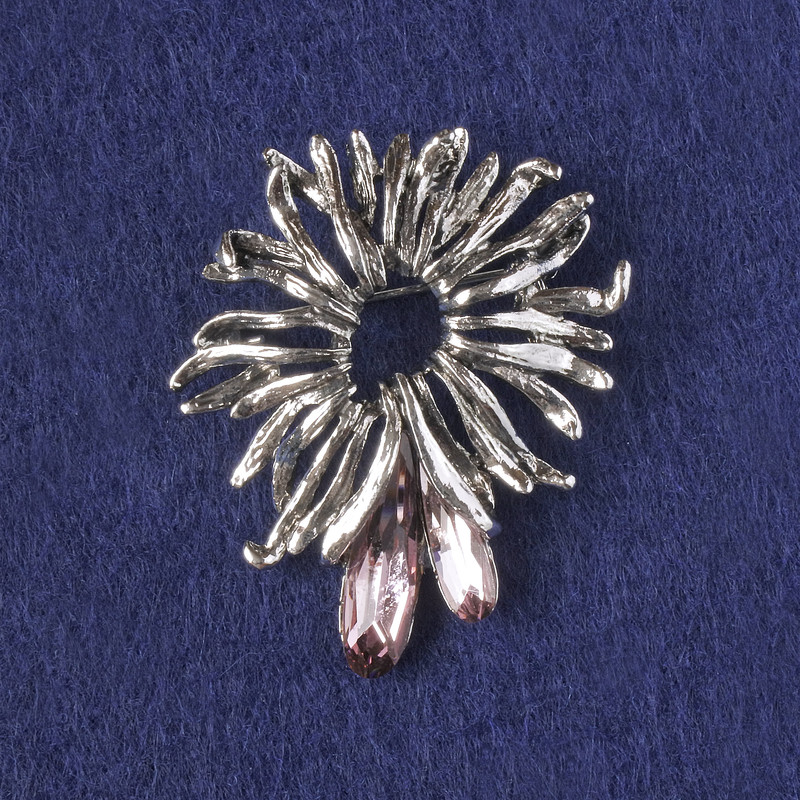Accent Brooch-Pendant, Pink Crystals, Silver-Tone Metal 42x37mm+