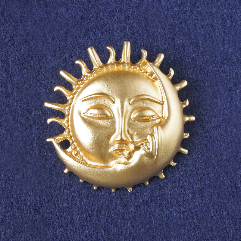 Sun and Moon Brooch, Yellow Matte Enamel, Gold-Tone Metal 46x46mm+