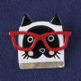 Cat Brooch, Red, White and Black Enamel, Mother-of-Pearl, Silver-Tone Metal 36x40mm+