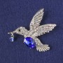 Hummingbird Brooch-Pendant, Blue Crystal, Chameleon Rhinestones, Silver-Tone Metal 47x52mm+