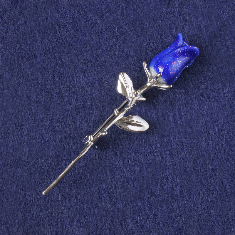 Brooch Rose Blue with Glitter Plastic, Silver-Tone Metal 65x19mm+
