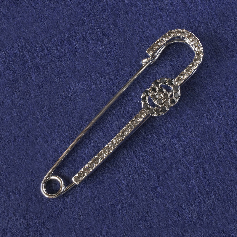 Brooch Pin Black Rhinestones, Silver-Tone Metal 71x16mm+