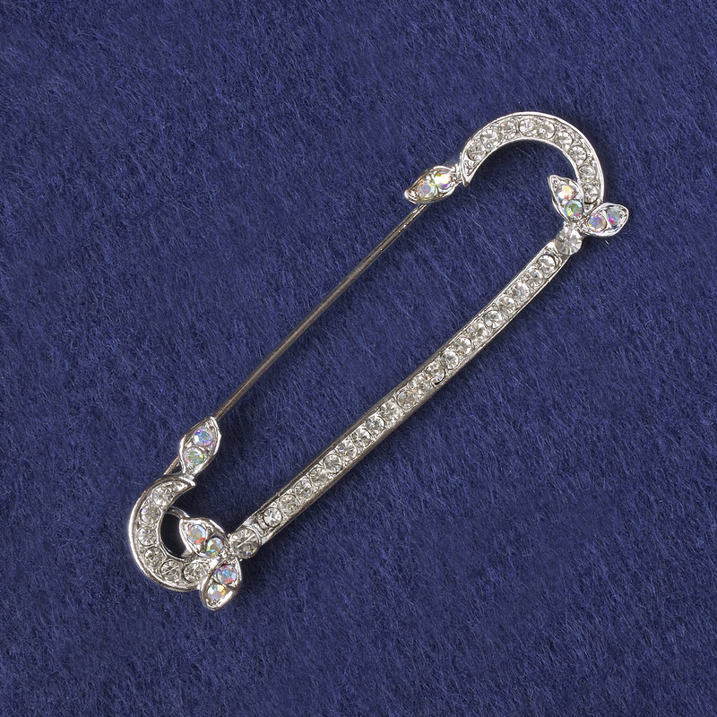 Brooch Pin White Rhinestones & Pink Chameleon Crystal, Silver-Tone Metal 69x19mm+