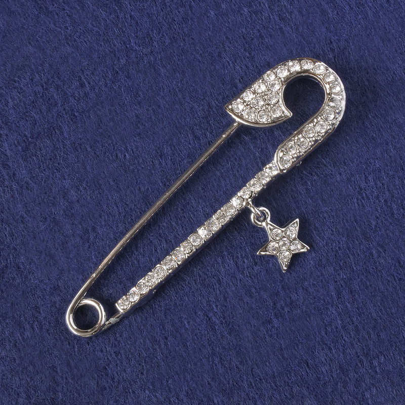 Brooch Pin White Rhinestones, Silver-Tone Metal 71x18mm+