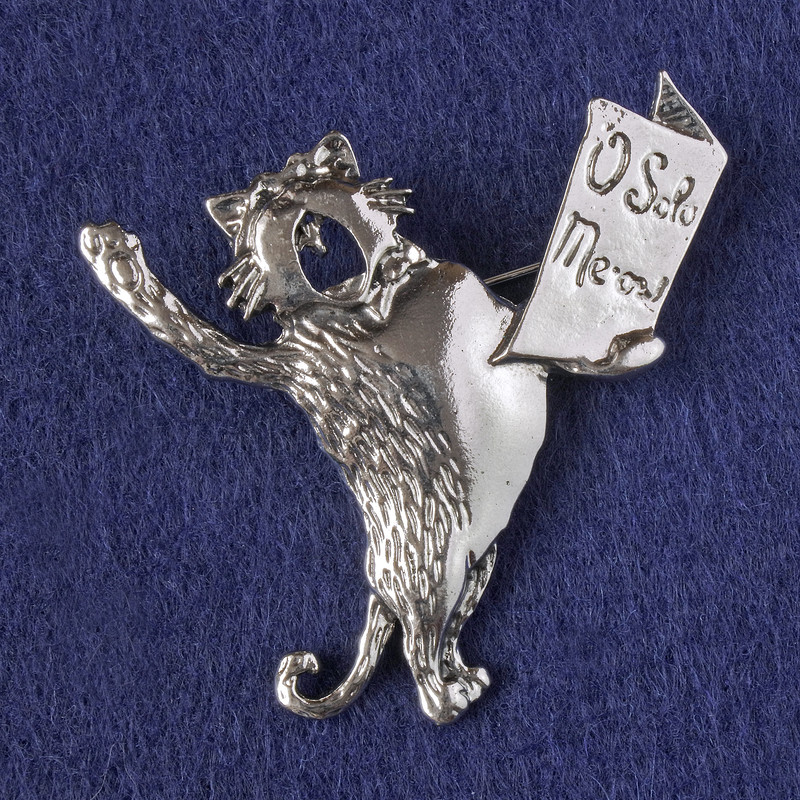 Cat Brooch-Pendant "O Solo Meow", Silver-Tone Metal 49x46mm+