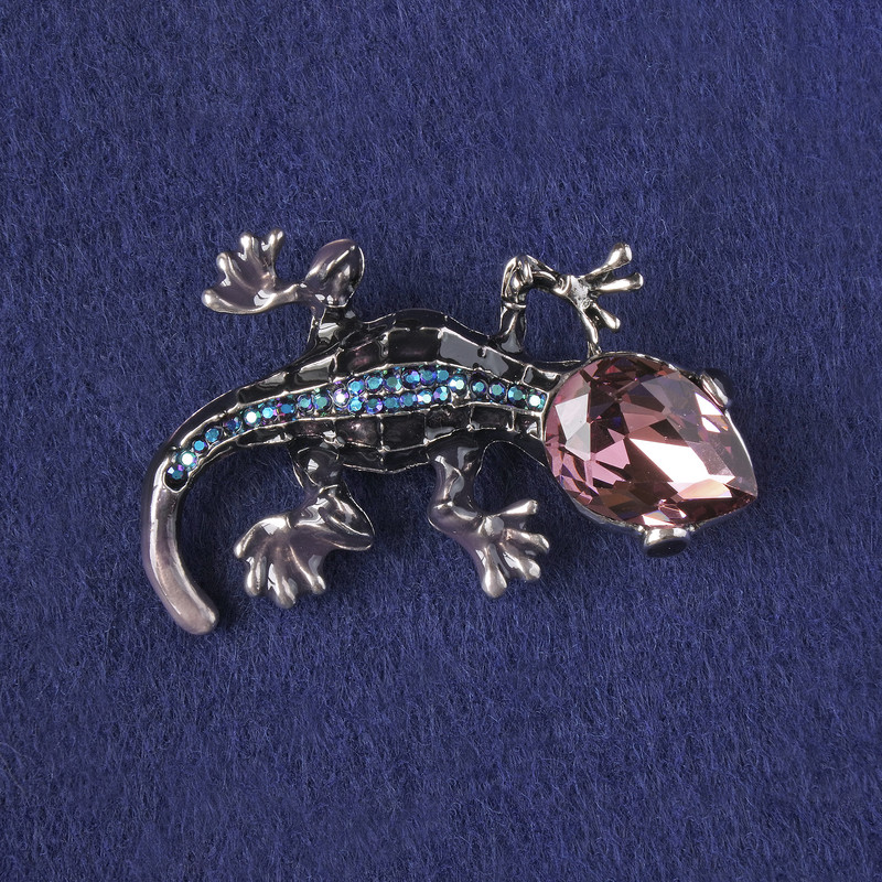 Lizard Brooch-Pendant, Dark Grey Enamel, Pink Crystal, Blue Rhinestones, Silver-Tone Metal 31x50mm+