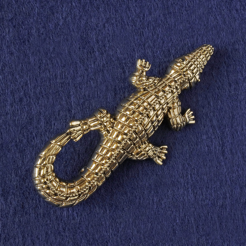 Crocodile Brooch-Pendant, Gold-Tone Metal 73x33mm+