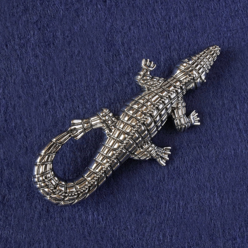 Crocodile Brooch-Pendant, Silver-Tone Metal 73x33mm+